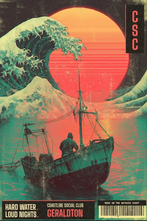 Signal 001 poster: a boat under a breaking wave at sunset. Hard water, loud nights.