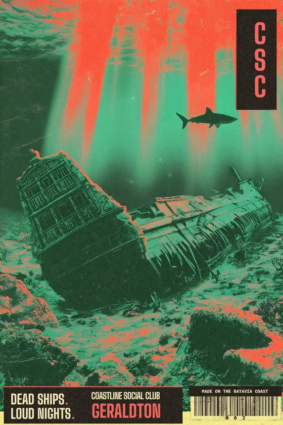 Signal 002 poster: a wreck on the sea floor. Dead ships, loud nights.